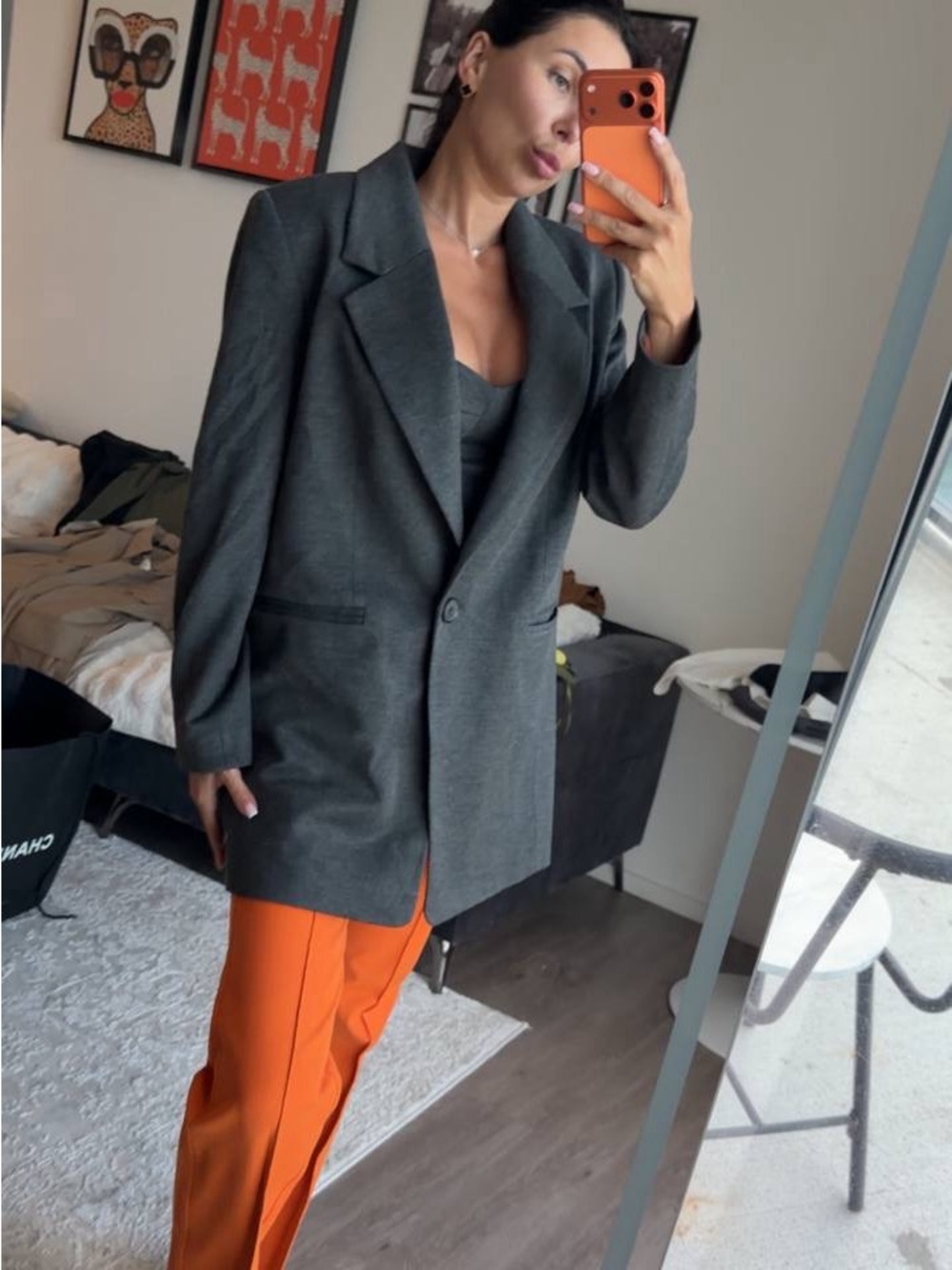 Women's Gray Single-Button Long Blazer Jacket and Top
